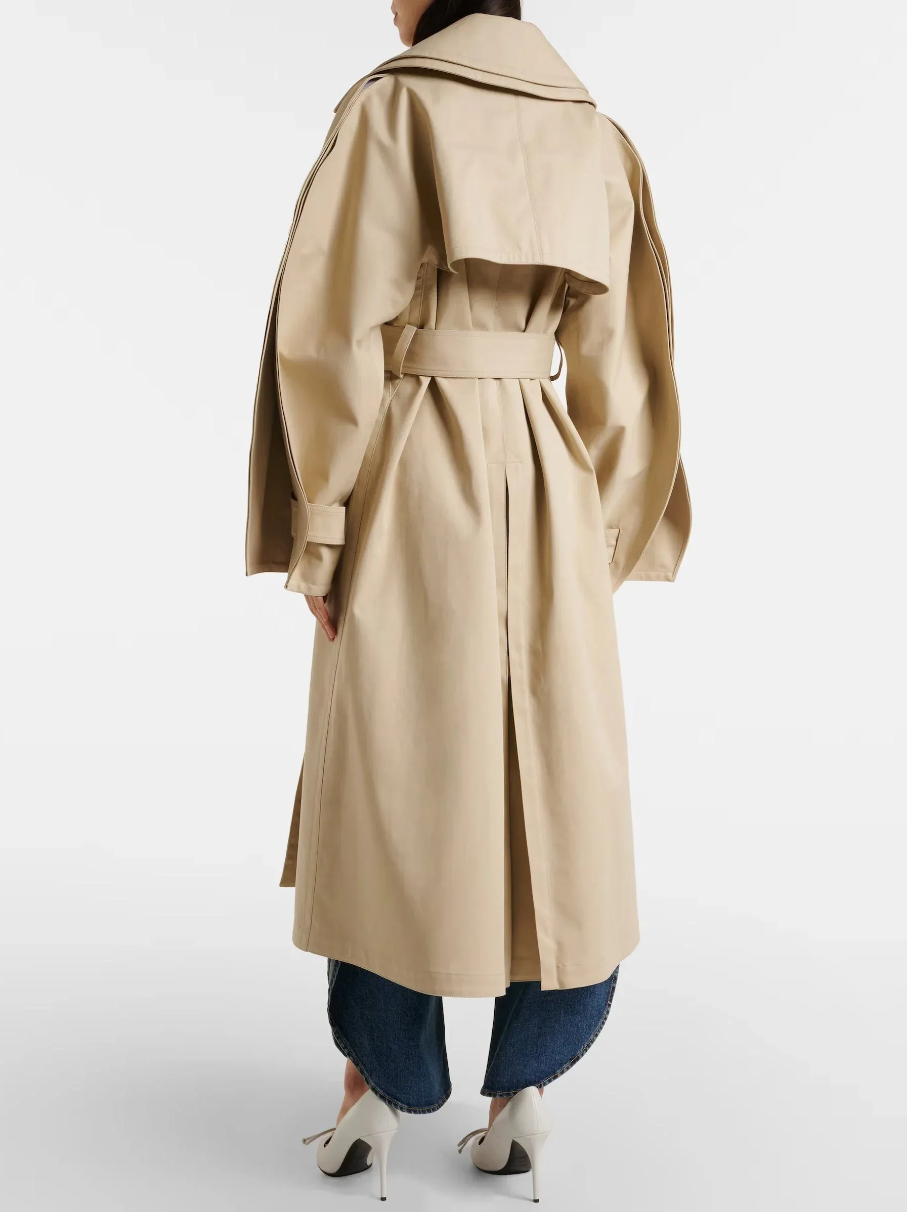 Belted Rounded-Split-Sleeve Trench Coat