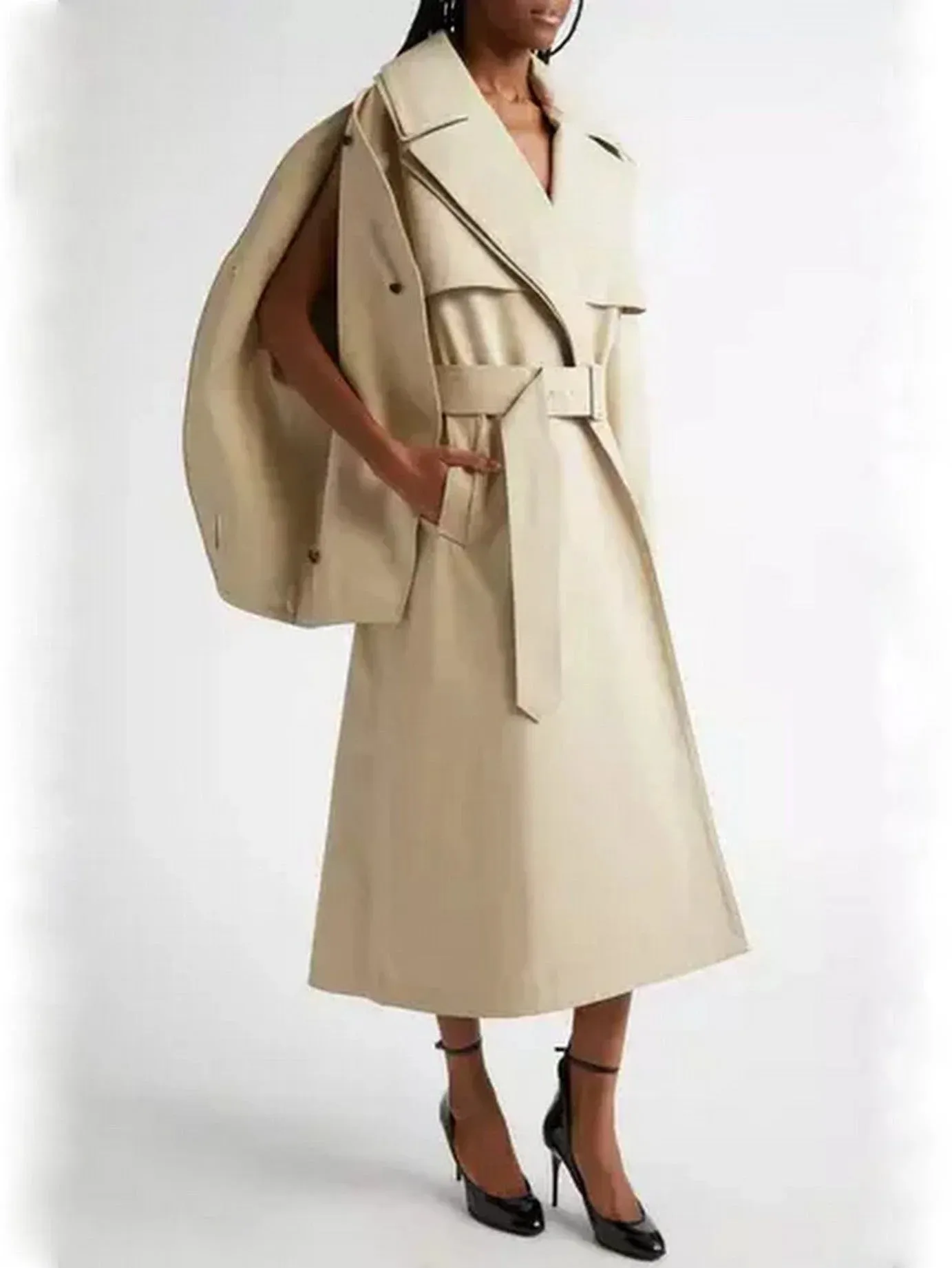 Belted Rounded-Split-Sleeve Trench Coat