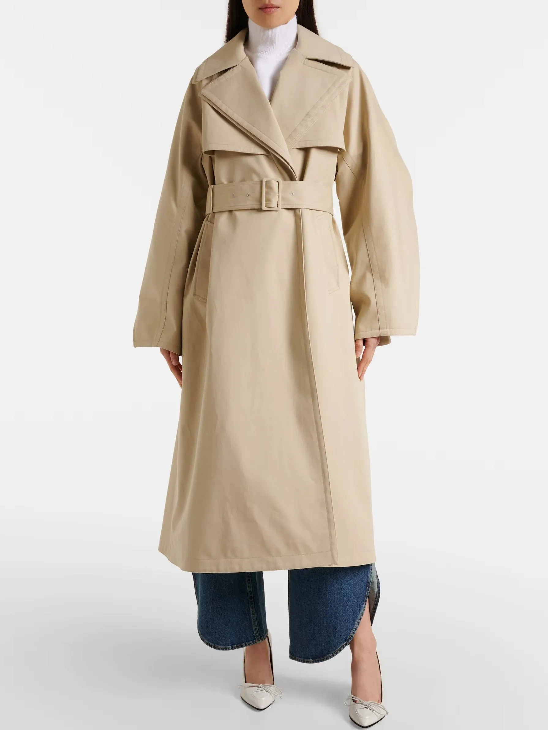 Belted Rounded-Split-Sleeve Trench Coat