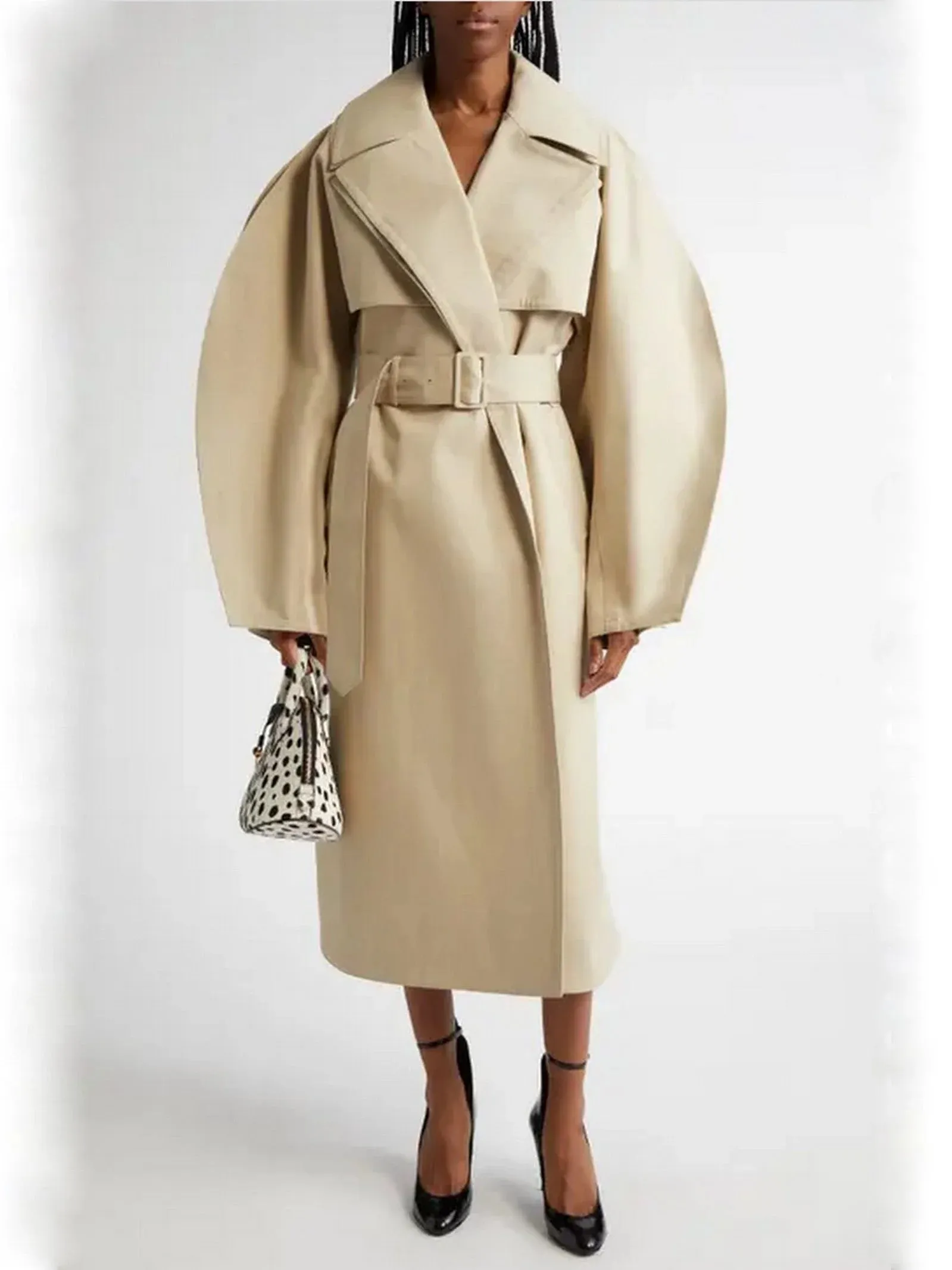 Belted Rounded-Split-Sleeve Trench Coat