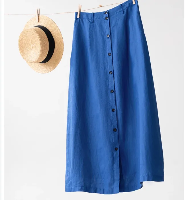 Buttons Minimalism Linen Summer A-line Skirt Long Skirt 9861