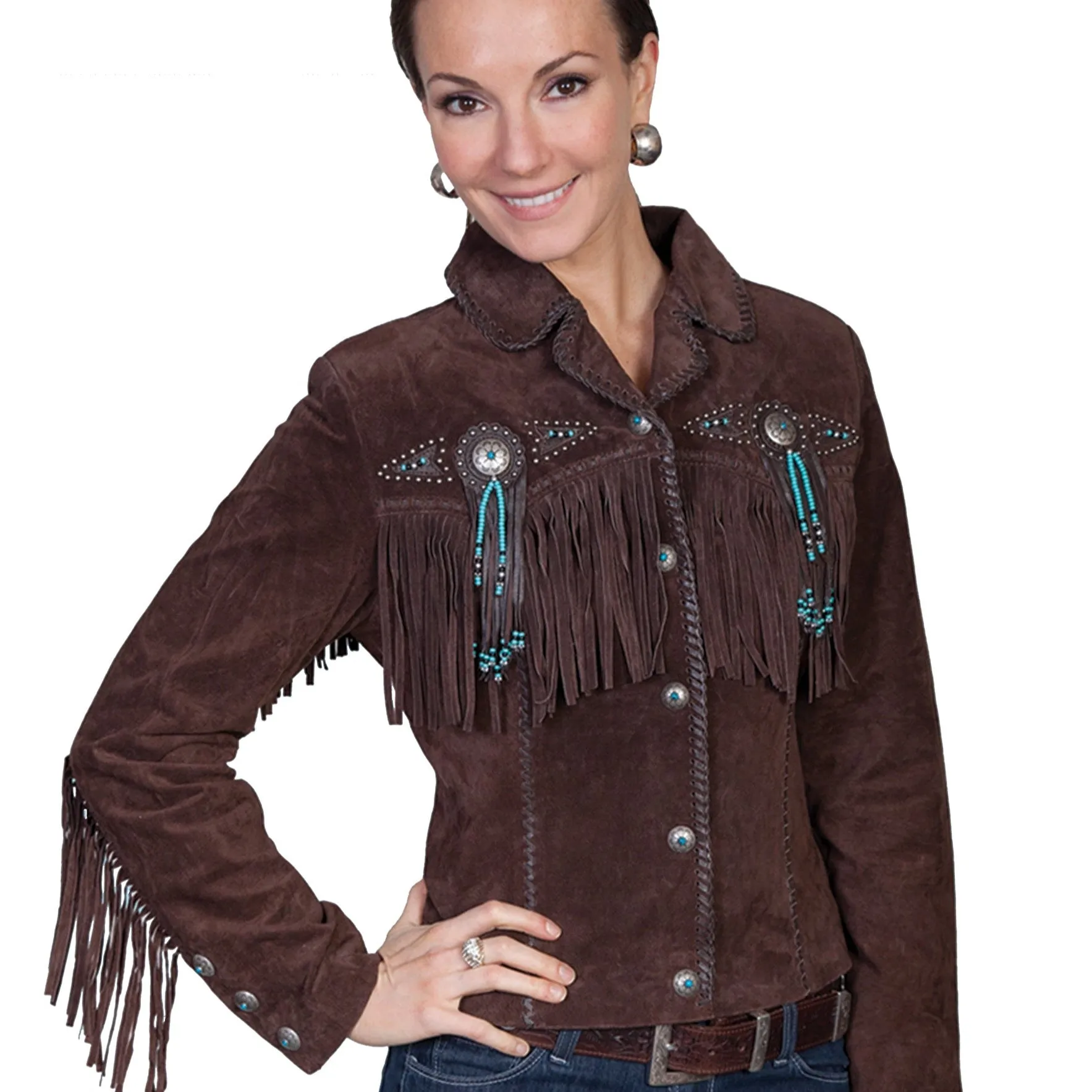 Chocolate Fringe & Beaded Suede Jacket by Scully at Bourbon Cowgirl