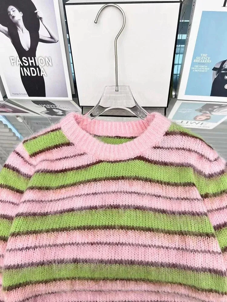 Colorblock Striped Loose Pullover Knitting Sweaters For Women Round Neck Long Sleeves Temperament Sweater Female