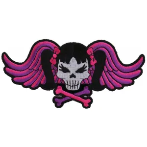 Daniel Smart Pigtails Bow Skull and Wings Embroidered Iron On Patch, 5 x 2.5 inches