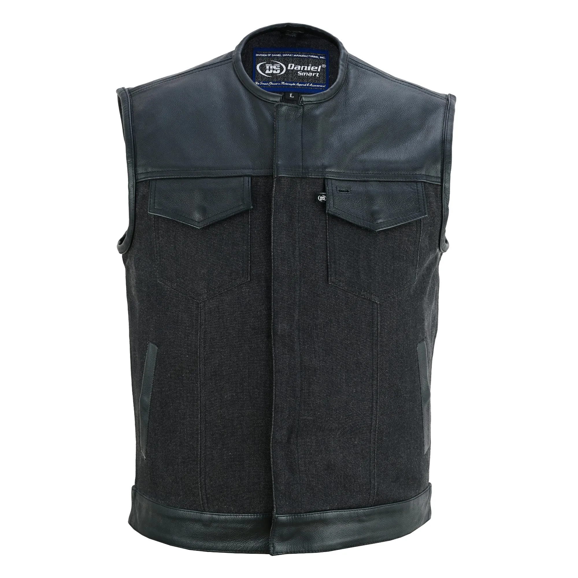 DM901 Men's Leather/Denim Combo Vest Without Collar