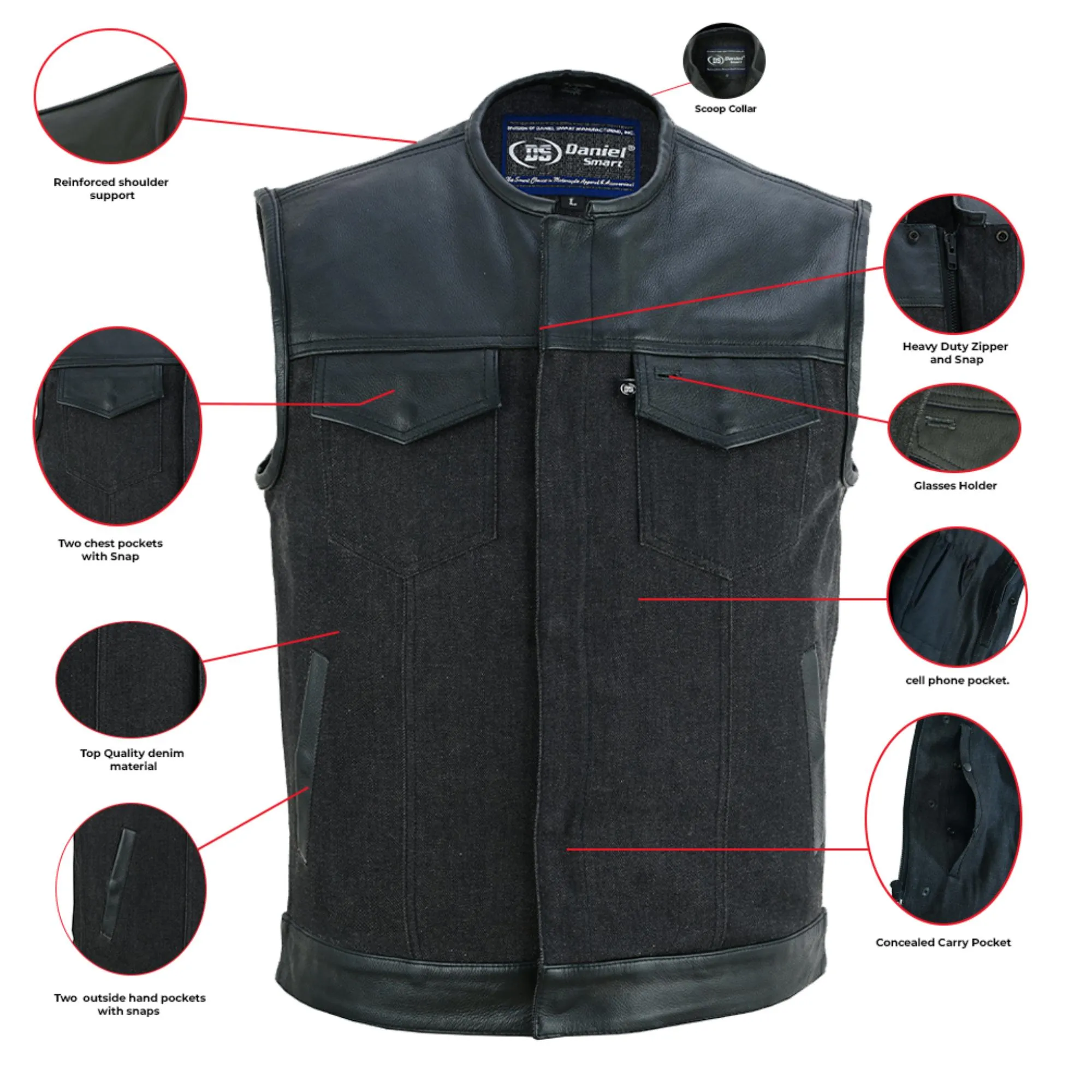 DM901 Men's Leather/Denim Combo Vest Without Collar