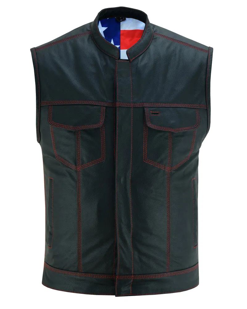 DS165 MEN'S LEATHER VEST WITH RED STITCHING AND USA INSIDE FLAG LININ