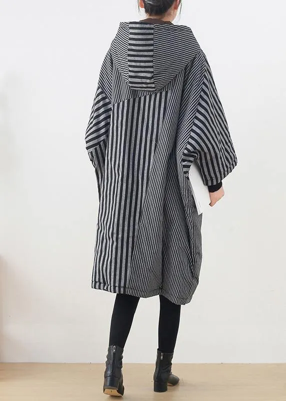 Elegant gray striped womens coats oversized winter hooded patchwork outwear