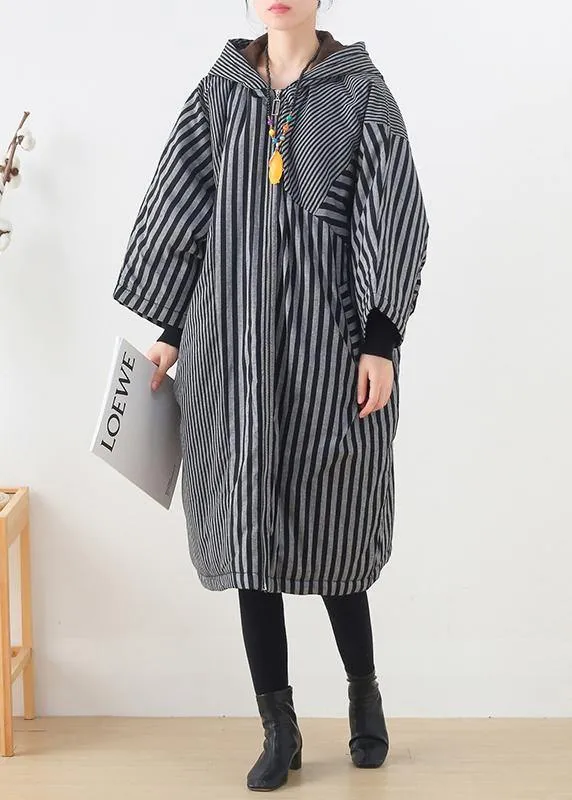 Elegant gray striped womens coats oversized winter hooded patchwork outwear