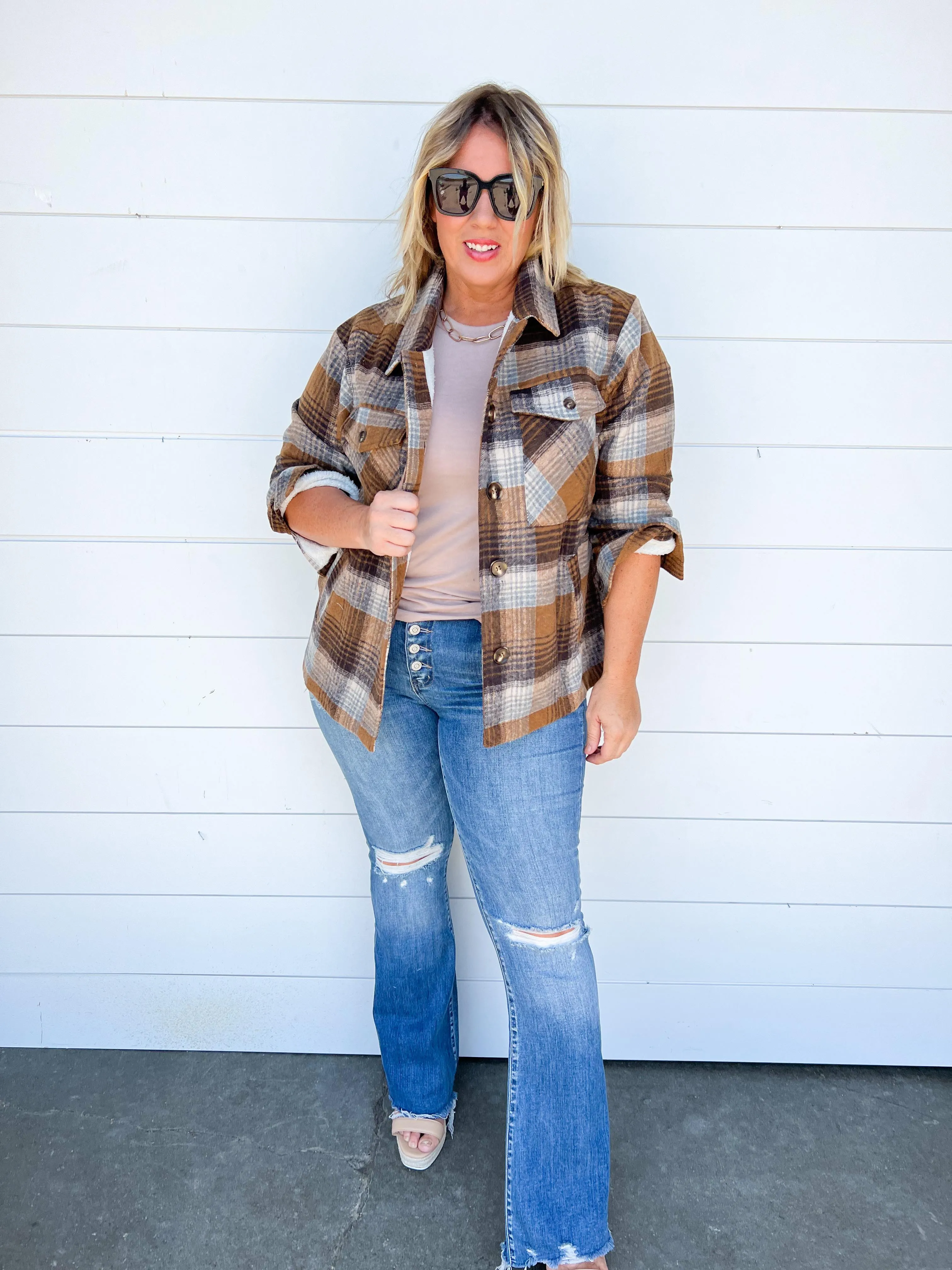 FLEECE COZY OVERSIZED PLAID SHIRT JACKET - Final Sale