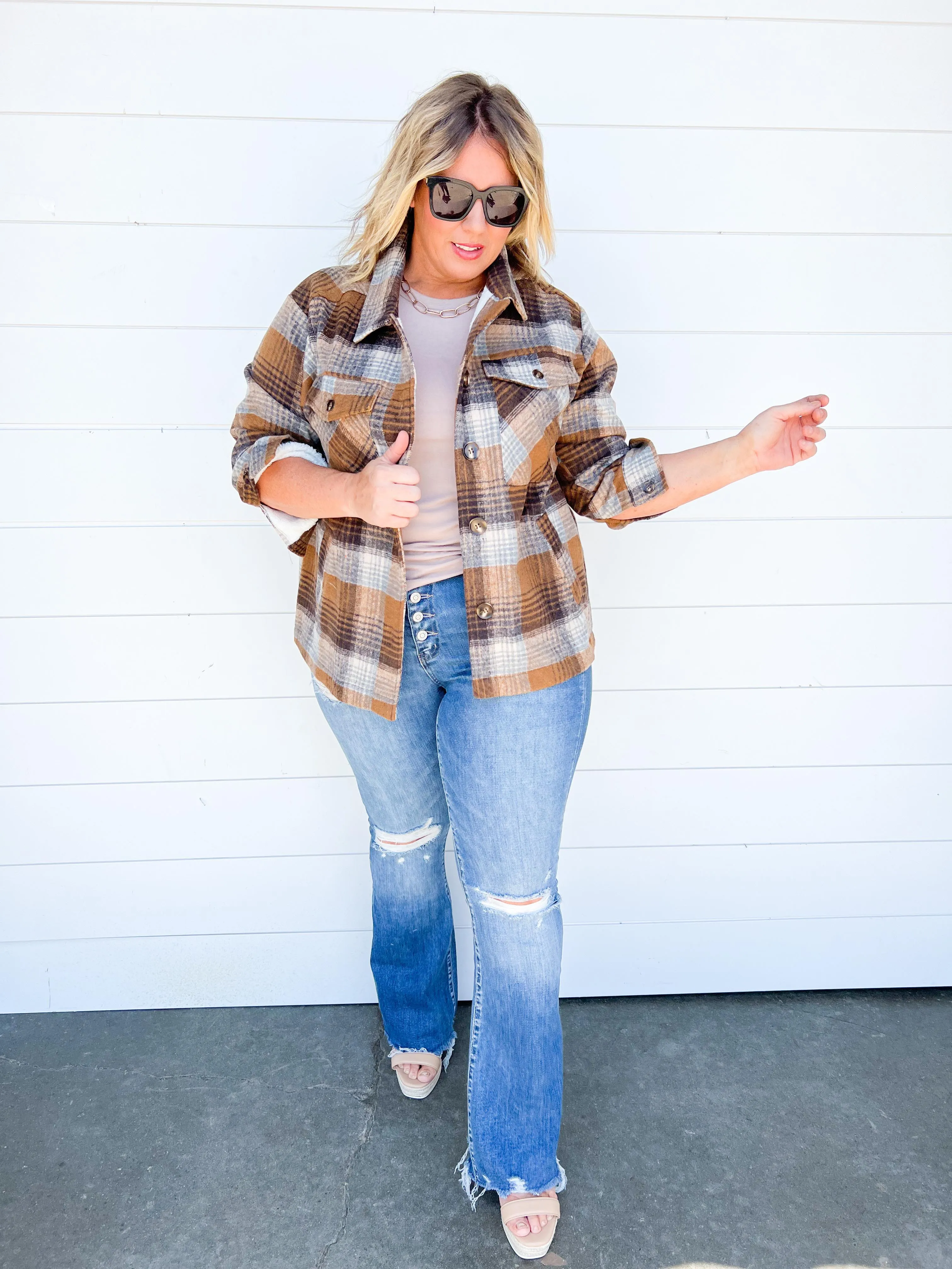 FLEECE COZY OVERSIZED PLAID SHIRT JACKET - Final Sale