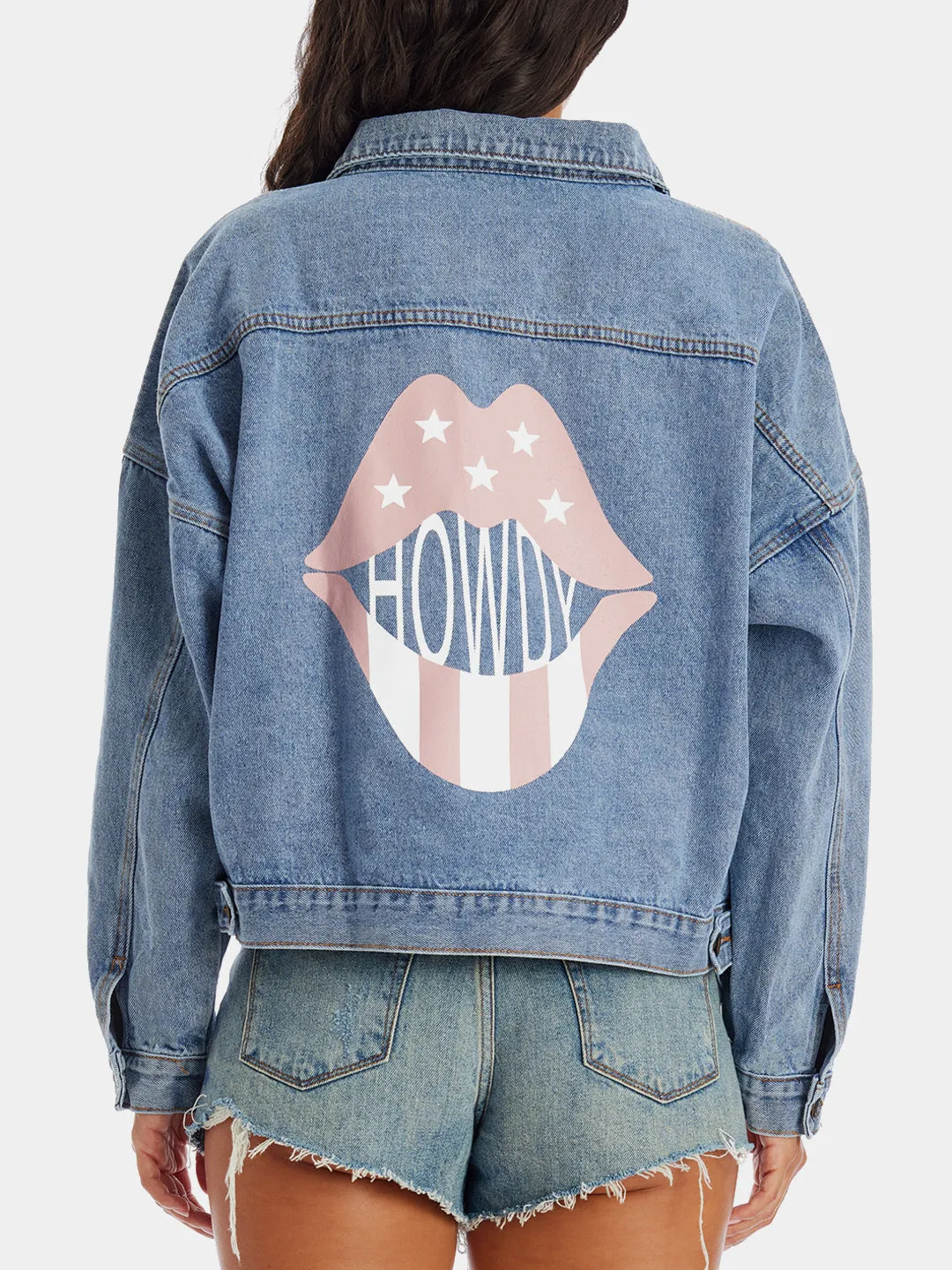 HOWDY Lip Print Button-Front Denim Jacket