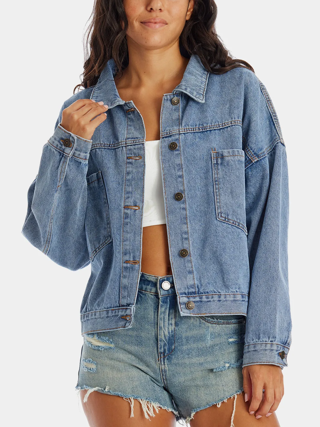 HOWDY Lip Print Button-Front Denim Jacket