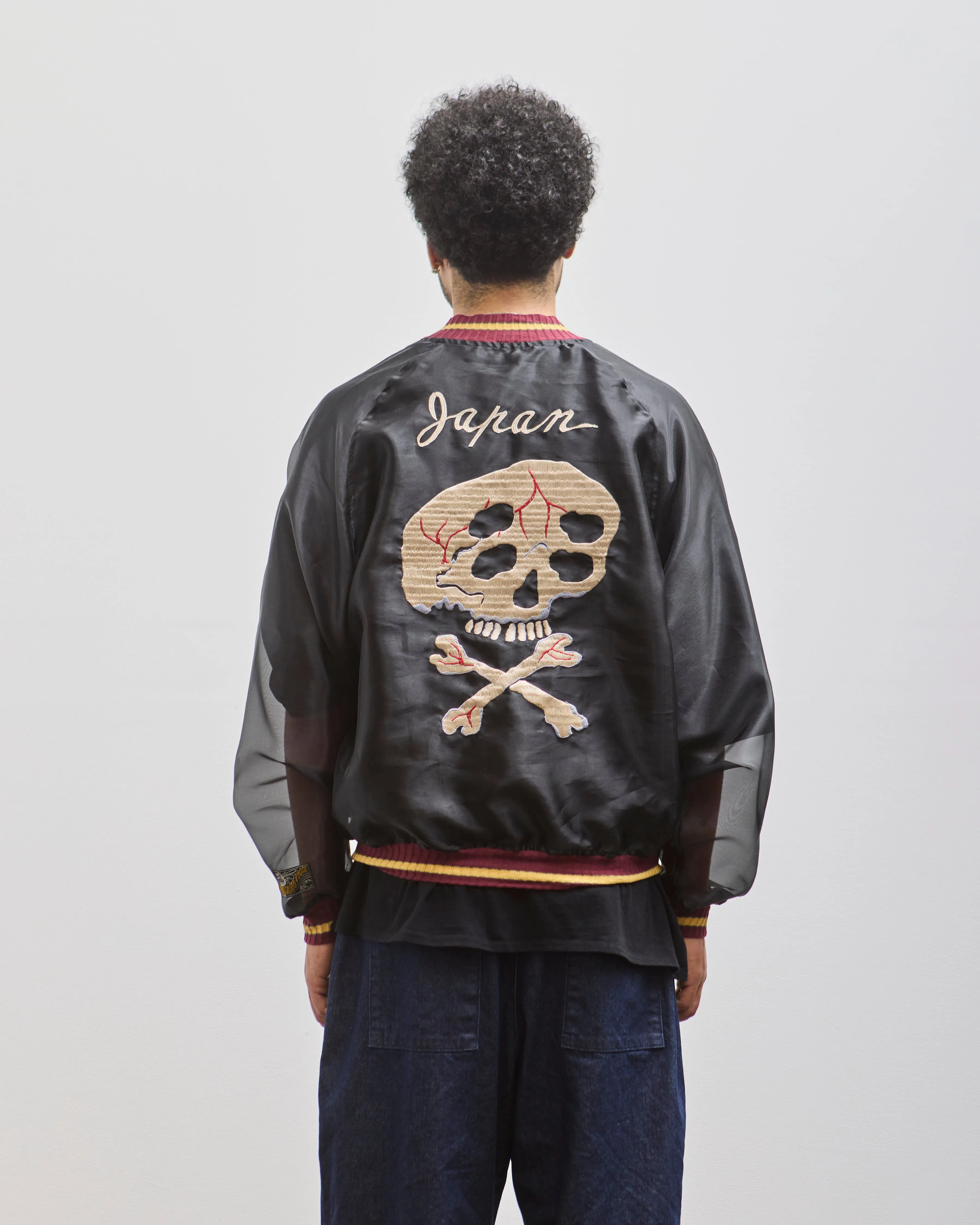 Kapital Sheer Pearl Souvenir Jacket, Black Rain Skull