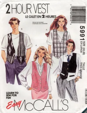 McCall's 5991 Womens Mens UNISEX Vests 1990s Vintage Sewing Pattern Sizes XL Chest/ Bust 44 - 46 inches UNCUT Factory Folded