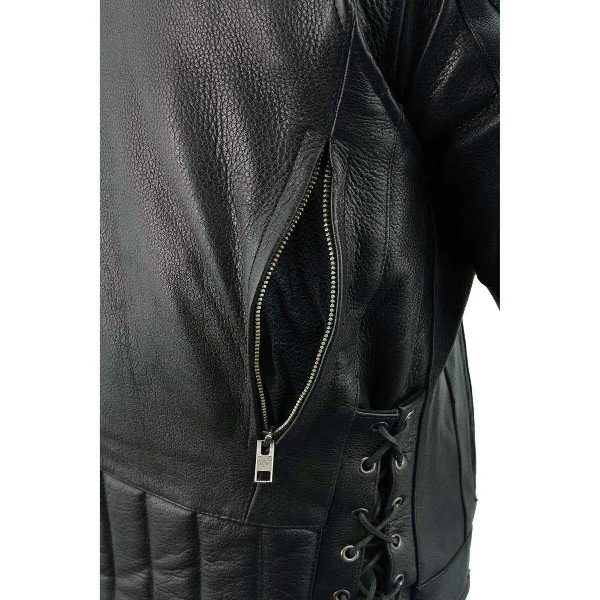 Milwaukee Leather LKM1765 Men's Black Leather Racer Style Side Laced Motorcycle Jacket w/ Ventilation System