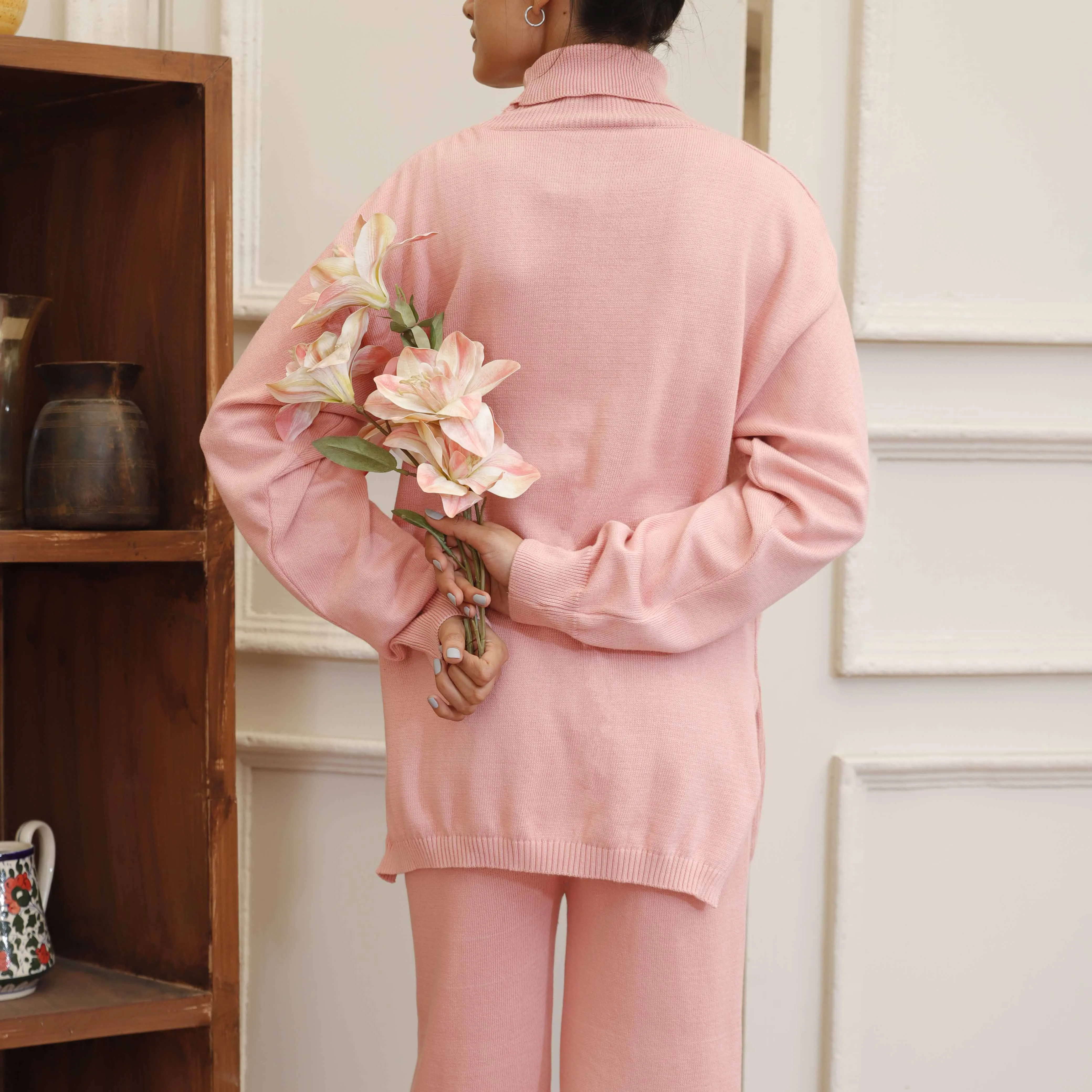 Pink Cotton Thread Winter Sweaters Co ord Set PW4859