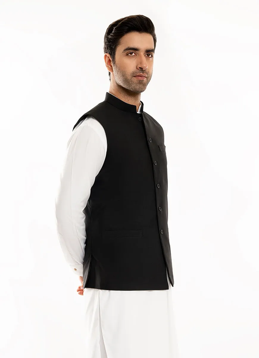 Plain-Black, Wool Blend Tropical Classic Waist Coat