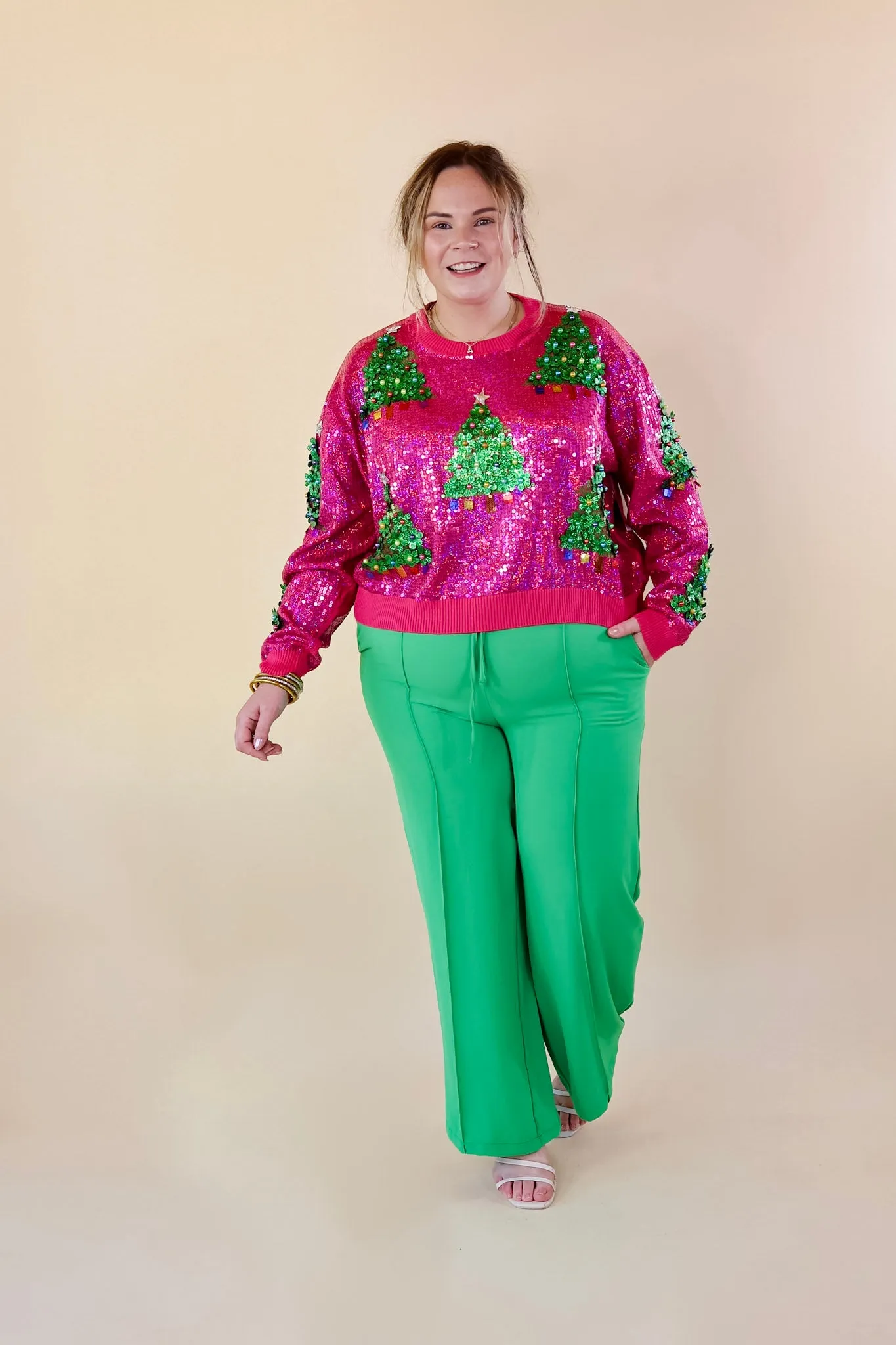 Queen Of Sparkles | Full Sequin Graphic Christmas Tree Sweater in Pink