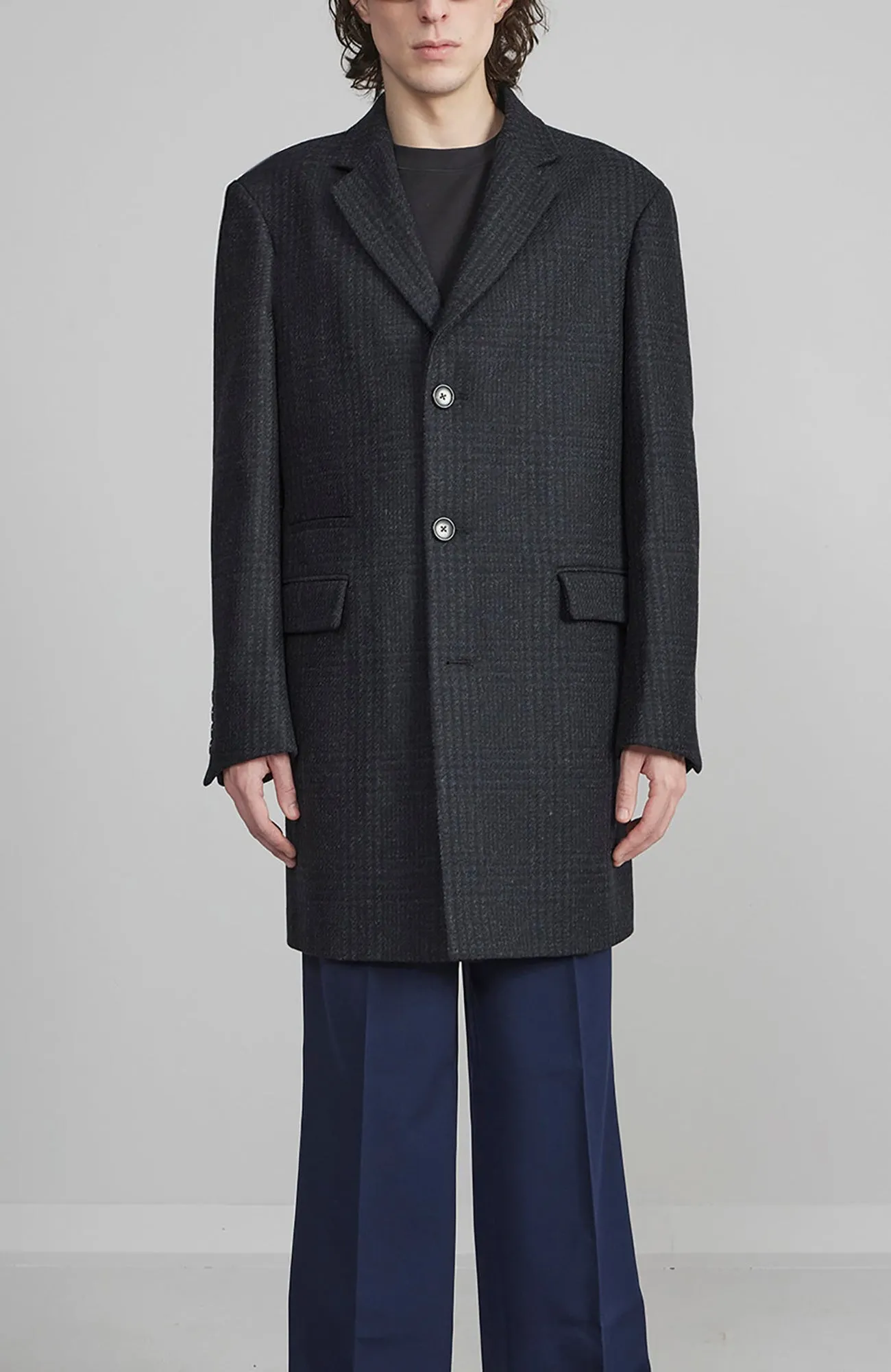 SHERWOOD NAVY PLAID WOOL TOPCOAT