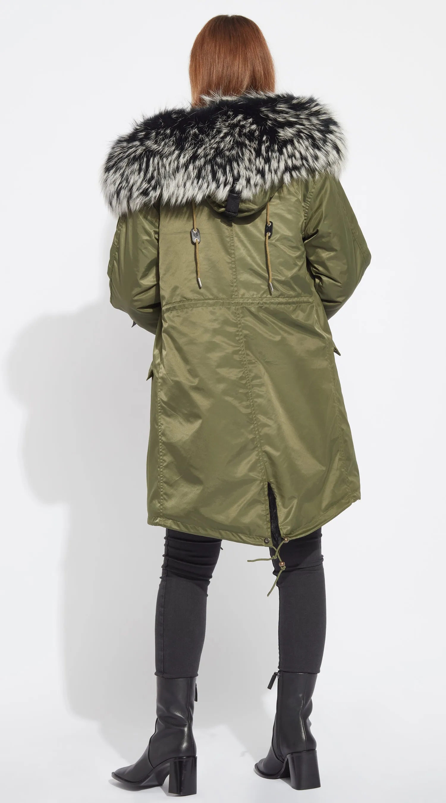 Womens Khaki Water-Repellent Luxy Fur Parka - 3/4 Black Mist